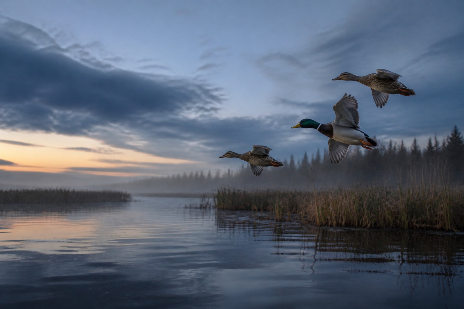 Mallards banking over a misty cattail marsh at dawn
